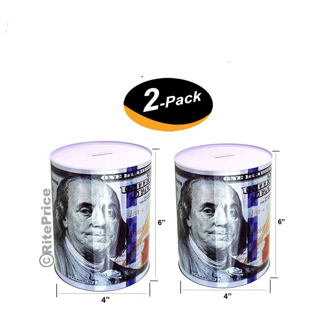 Ben Franklin One Hundred Dollar Bill Tin Piggy  Banks 6" Tall Coin Saver(2 Pack)